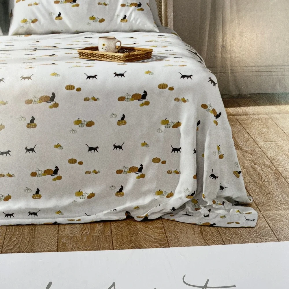 Sophie Allport Sheet Set QUEEN Pumpkin Cat White Cotton Percale Halloween Fall